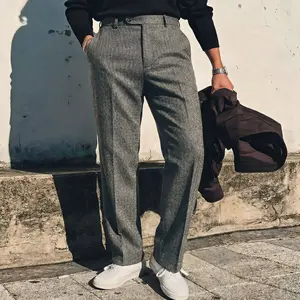 Men's Vintage Herringbone Tweed Dress Pants - Mid-Rise, Straight Leg, Dark Gray Suit Trousers for Business & Formal Occasions, Business Trousers| Vintage Herringbone Pattern SpringStatements Stylish Menswear