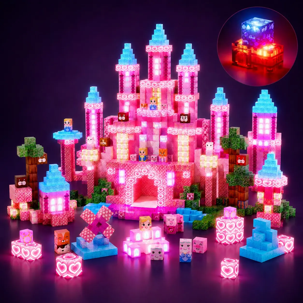 Glow in The Dark Magnetic Tiles 100/150/200 PCS, Light Up Pink Castle Building Set for Girls, 3D Space Logic Stacking STEM Montessori Sensory Toys, Spatial Reasoning Sensory Training Safe Toddler Toys for 3+ Year Old Kids Christmas Birthday Gift