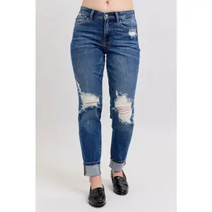 Judy Blue Full Size Mid Rise Boyfriend destroy Jeans with Yoke Pockets and Faux Selvedge Cuff Plus Size