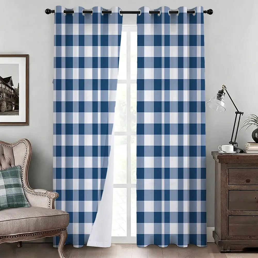 Blue and White Checkered Print Pattern Room Darkening Curtains, 2 Panels, Machine‑Washable Window Curtains for Bedroom Living Room