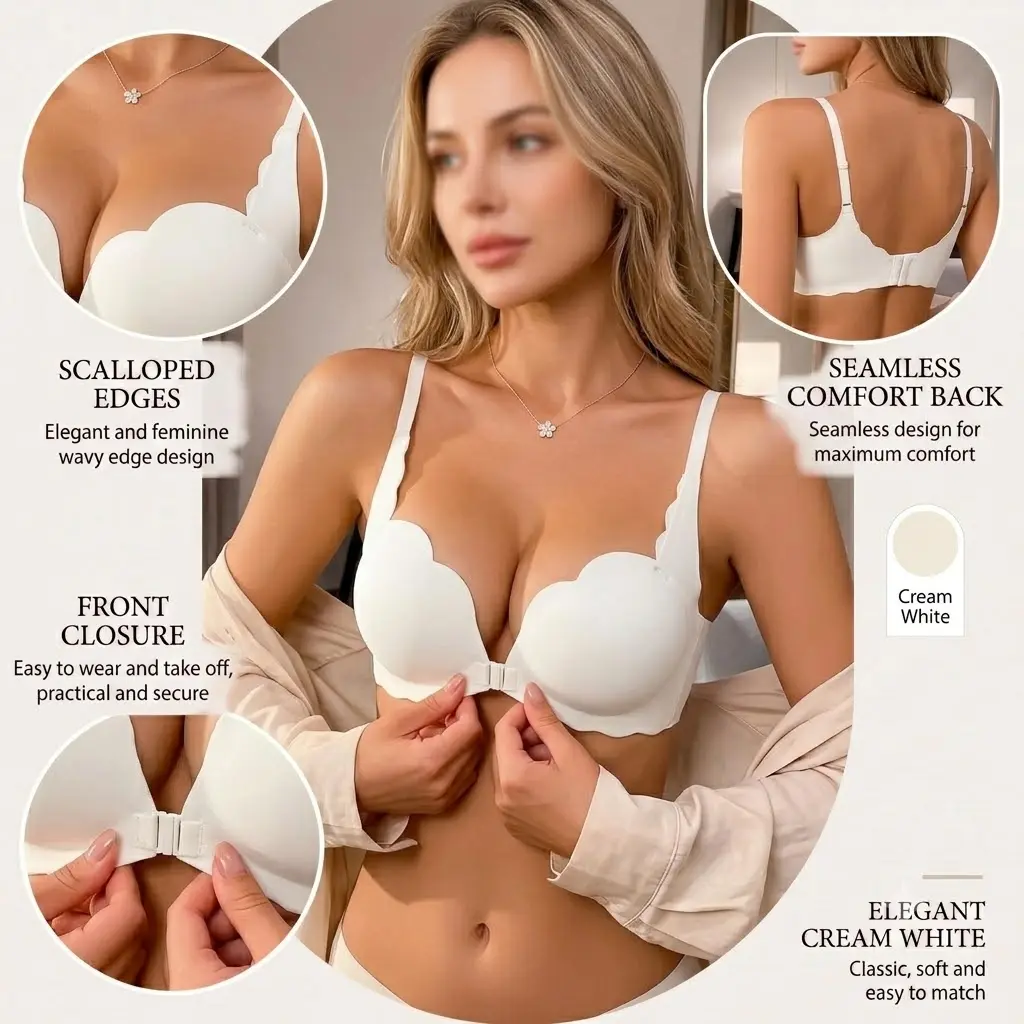 Women's French Style Cotton Seamless Push-Up Bra - Front Closure, Wireless, Scalloped Edges, Seamless Back, Multi-Size, Machine Wash Invisible Comfort Support Lingerie for Daily Wear, Basic