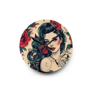 Vintage Pinup Rose Acrylic Wall Clock — Tattoo-Inspired Decorative Clock