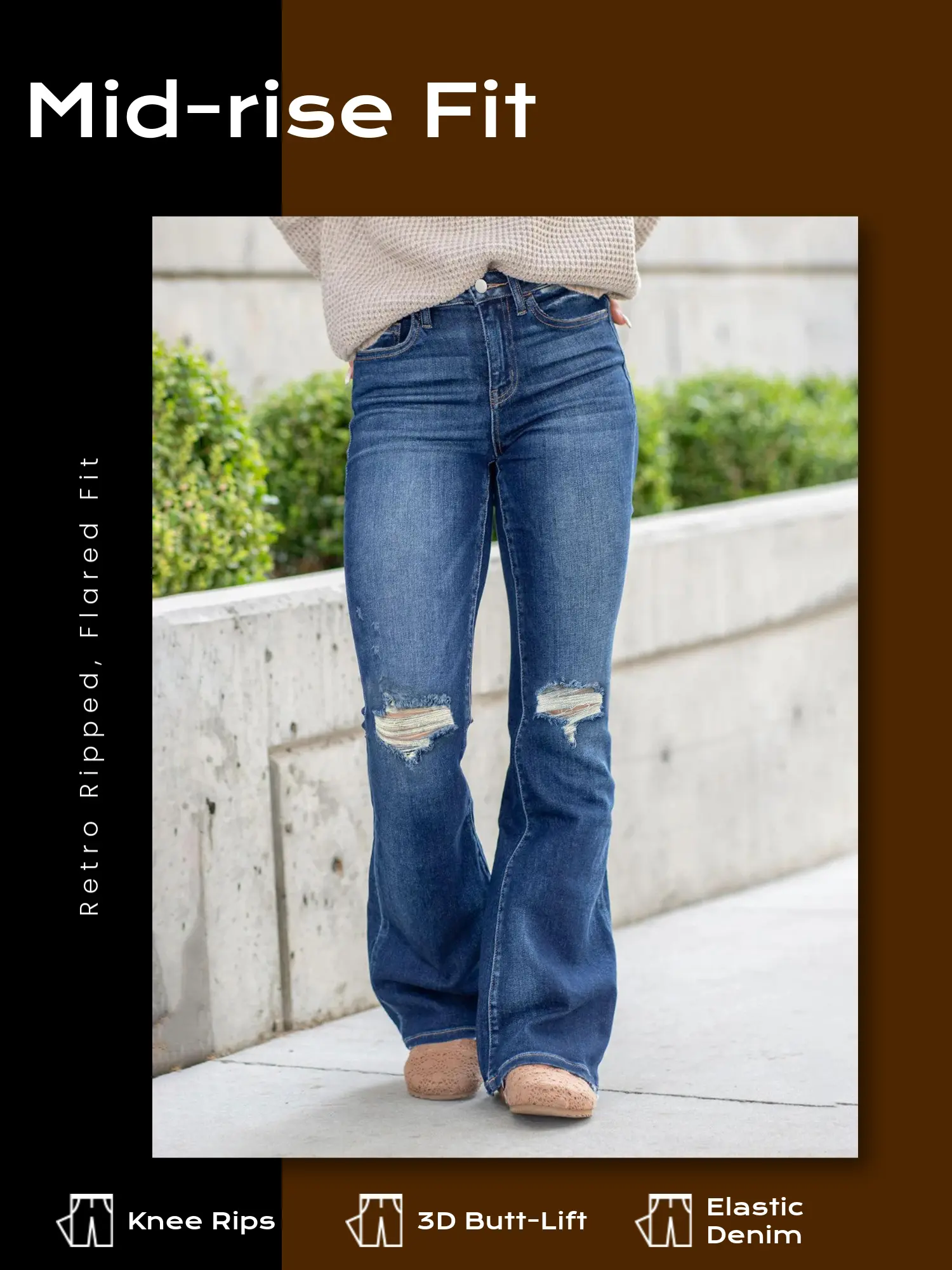 Women's Mid-Rise Deep Blue Ripped Slimming Leg-Lengthening Flared Jeans - American Vintage Style, Streetwear Vibe, Soft Minimalist Breathable Fabric, Pockets, Below the Ankle Pants, Doesn't Wrinkle When Sitting, Crop Top Pairable, Everyday Casual Wear