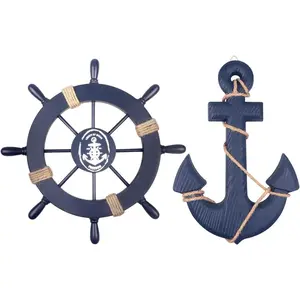 2 Pack 11" Nautical Beach Wooden Ship Wheel and 13" Wooden Anchor with Rope Nautical Boat Steering Wheel Rudder Anchor Wall Art Decor Door Hanging Ornament Beach Theme Home Decoration(Blue)