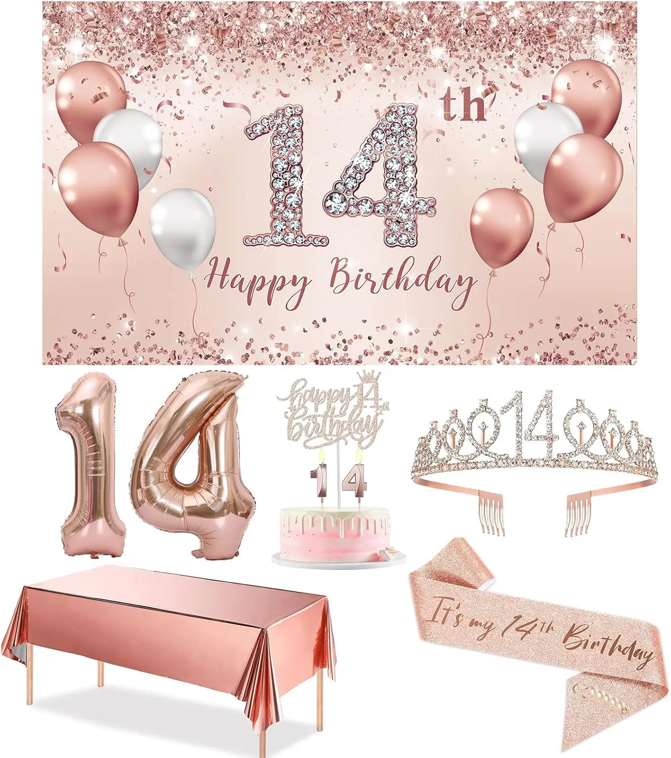 Rose Gold 14th Birthday Full Party Set for Girls - Pearl Decorations, Banner, Tablecloth, Sash, Sturdy Tiara Hold Tiara, Cake Topper, Balloons, Metal Gifts