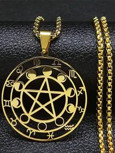 1 Piece Necklace For Men And Women, Pentagram Moon Phase Stainless Steel, Witch Divination 12 Zodiac Signs Star Moon Phase Pendant Chain, Solomon Amulet For Men And Women, Stainless Steel Astrology Witchcraft Pagan Jewelry