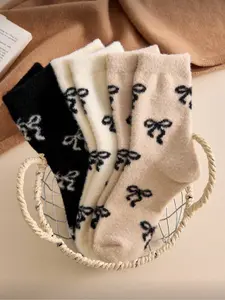 Women's Winter Fuzzy Cute Textured Socks Butterfly Knot Pattern Knee High, Thick Soft Plush Warm Comfortable Casual Socks for Daily Wear and Outdoor Use