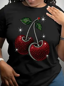 Women's Dark Gray Cherry Print T-Shirt - Stretchable Short Sleeve Round Neck Blouse Suitable for Spring Summer Fall, Machine Washable All-Season Top with Cherry Design, Casual Elegant Casual Attire, Comfortable Regular Fit Cherry Theme Outfit