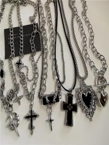 6 Piece Punk Rock Heart Goth Cross Pendant Chain Necklace, Unisex Cool Hip Hop Street Vintage Gothic Jewelry Accessory, Party Jewelry Gift
