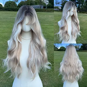 SMILCO/28Inch Highlight White with Gold Long Wavy with Bangs Synthetic Wig/SM512