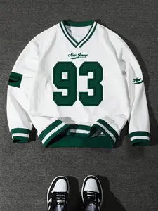 Unisex Loose Fit V-Neck Graphic Sweatshirt, Digital Print Long Sleeve, Casual Street Style, Figure Pattern, H-Type Design