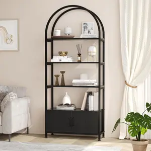 4-Tier Industrial Arched Bookcase with Doors, 71.5" Height Sturdy Metal Frame, Quality Boards Freestanding Shelf, Labeled Kit for Study Room