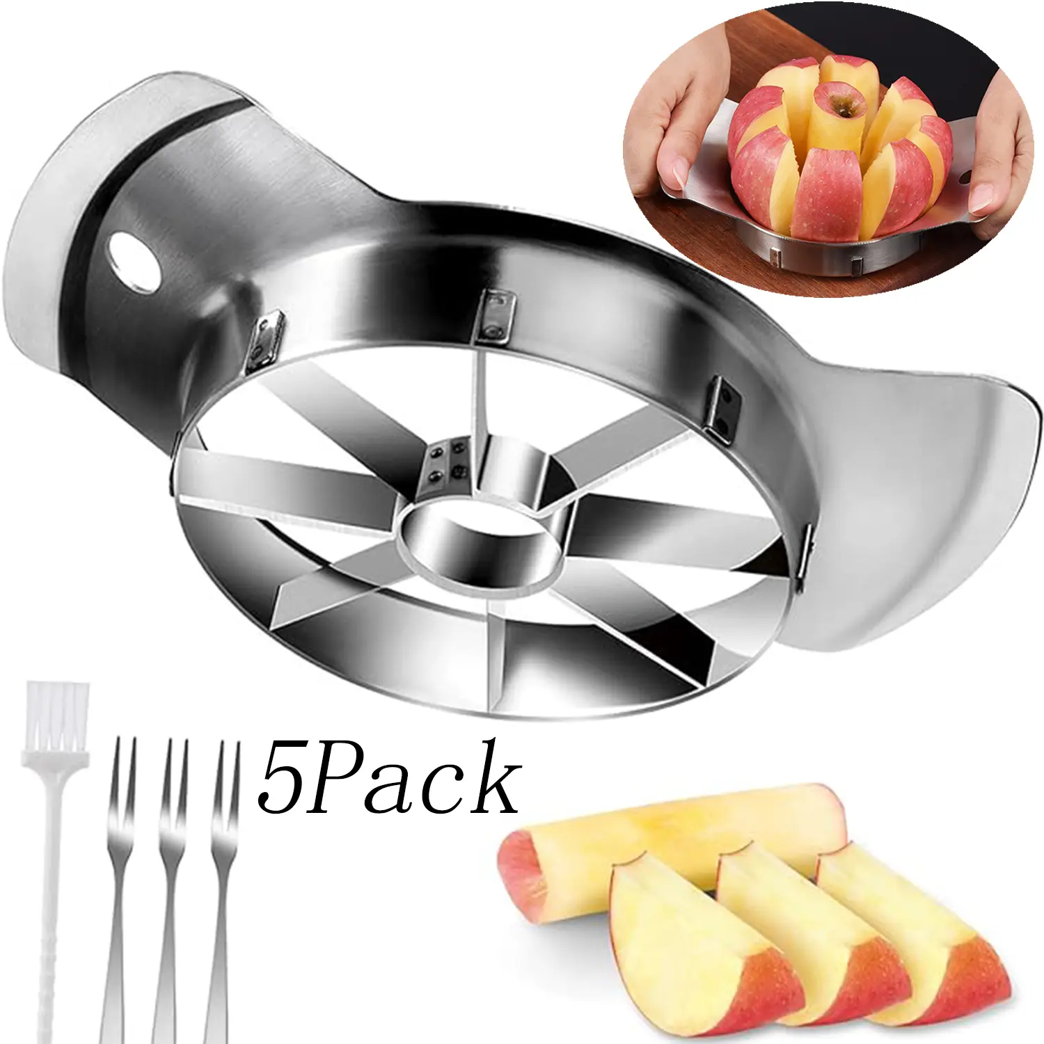 5 Pack Extra Large 8-Blade Stainless Steel Apple Slicer Corer | Sharp Fruit Divider | Fits Up to 3.6 Inches Apples Kitchen Gadget