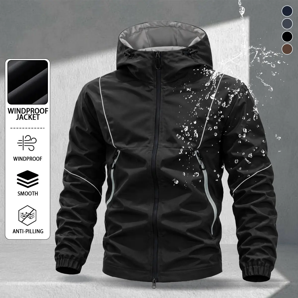Men’s hooded windproof jacket with reflective stripes — outdoor waterproof jacket, American casual style, spring/autumn, versatile for commuting, youth streetwear brand, zip closure, everyday outerwear, mature yet youthful look, slimming fit, durable and