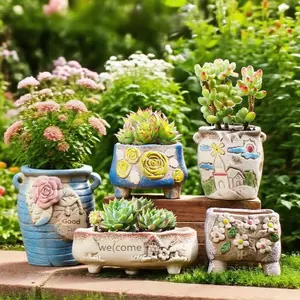 5-piece set of succulent ceramic flowerpot creative succulent plant combination set breathable retro indoor small simple coarse ceramic thumb potted plant new wholesale flower pot