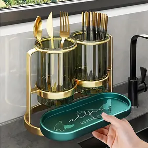 1PC Deluxe Chopstick Holder Plus Tray - Space-Saving Dinnerware Drain Rack, Fork Spoon Stand, Tableware Utensils Shelf, Kitchen Cutlery Organizer, Knife Holder, Durable Metal and Plastic Construction, Easy to Clean, Compact Design for Kitchen Countertops