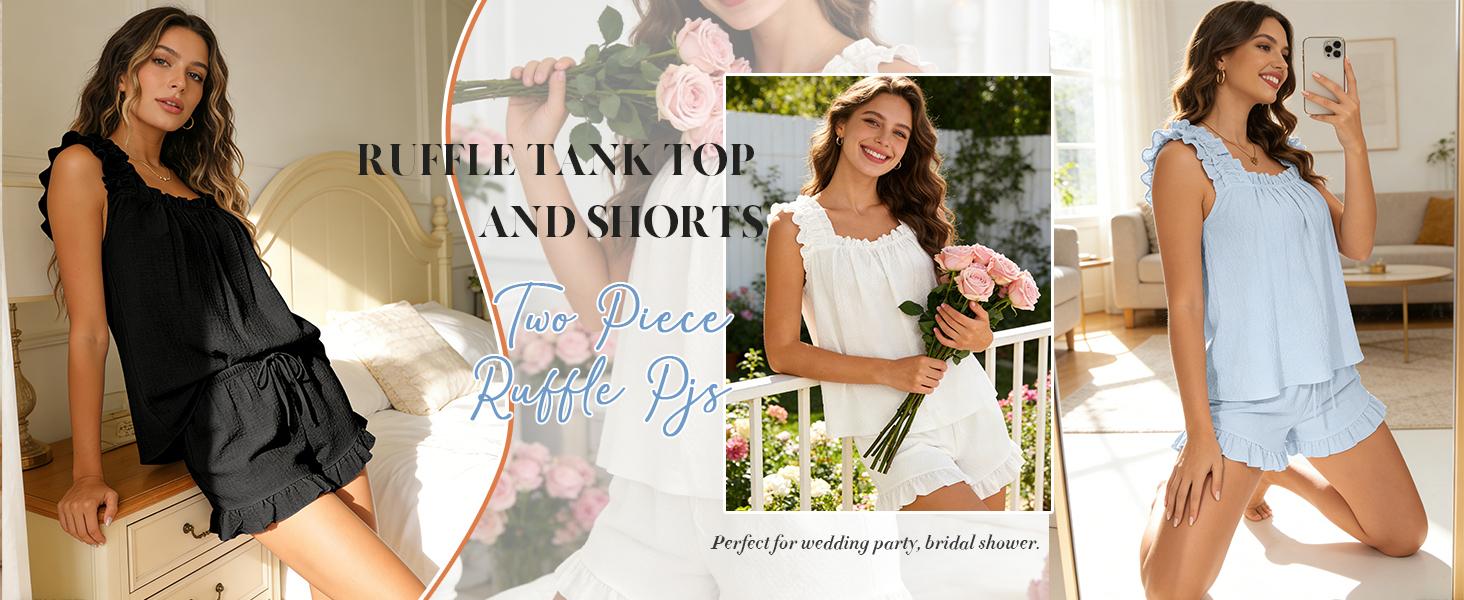 SWOMOG Women Pajama Sets 2 Pcs Ruffle Pjs Bridal Pajamas for Women Sleepwear Set with Tank Tops and Shorts