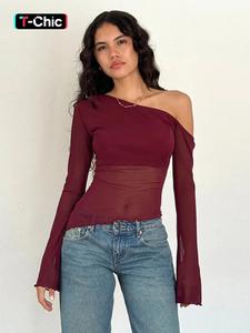 women's plain asymmetrical neck flounce sleeve tee, casual long sleeve t-shirt for spring & fall, women's clothing for daily wear, valentine's day gift for girl, fall & winter clothes for women