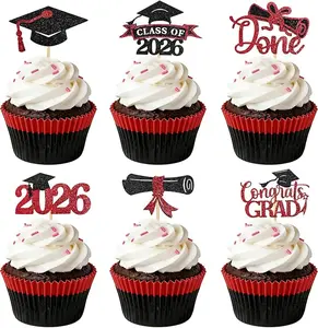 48Pcs 2026 Graduation Cupcake Toppers, Class of 2026 Cupcake Topper Graduation Party Decorations Supplies - Black&Red