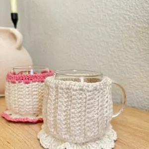 Handmade Crochet Mug Cozy & Coaster Set - Cream Yarn, Reusable, Eco-Friendly Gift for Coffee Lovers and Tableware