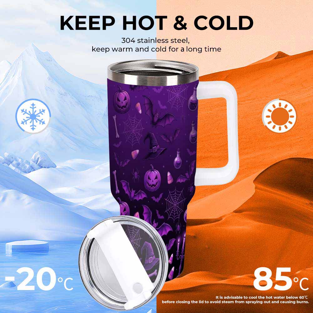 Purple Halloween Double-Wall Insulated Stainless Steel Tumbler (30oz-40oz) with Bat, Pumpkin, Spider Web, Witch Hat Gothic Print, Leakproof Lid, Straw, Portable Vacuum Flask for Travel, Autumn Gift