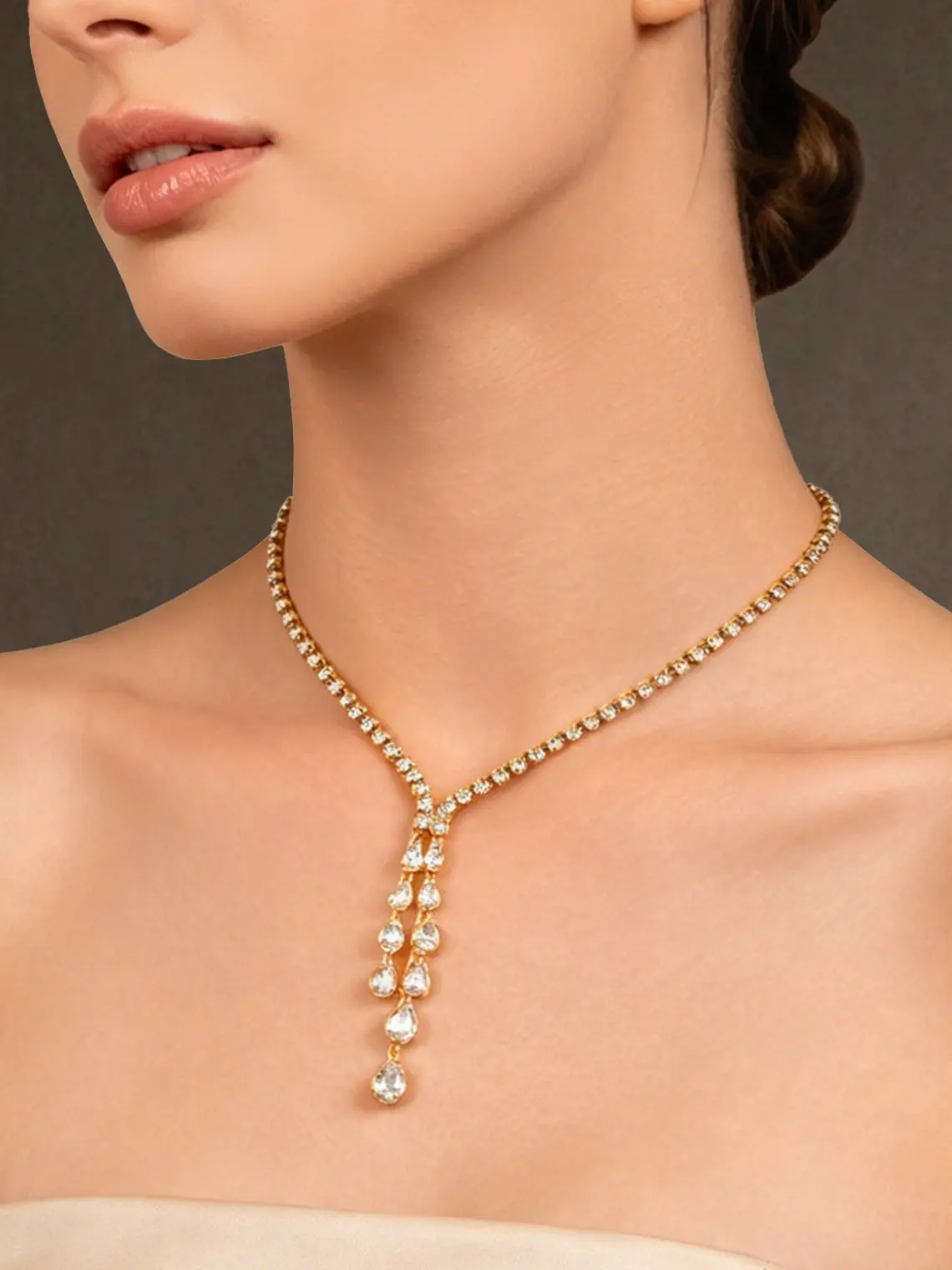 Azazie Y Drop Tennis Necklace Tennis-Inspired Y-Drop Silhouette Neckline-Enhancing Elegant Layering Wedding Guest Prom Party