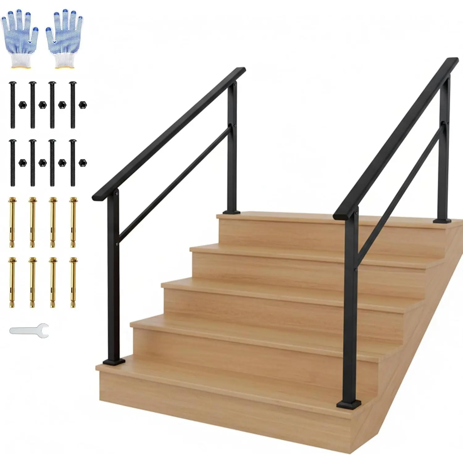 Black Aluminum 2-Pack 5-Step Weatherproof Handrails DIY Kits with Iron Posts for Stairs, Porch, Lightweight Safety Grip, Includes Work Gloves