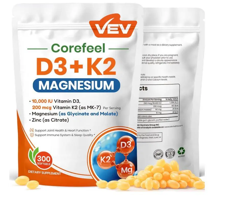 HOT SUMMER 2026!! VEV Corefeel Vitamin D3 K2 10,000 IU Magnesium Supplement – with Vitamin D and K (MK-7), Magnesium Glycinate & Malate, Zinc Citrate – 300 Softgels