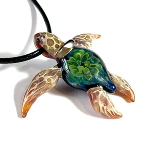 Exquisite Hawaiian Honu Sea Turtle: Handcrafted Glass Pendant with Coral Reef Inside the Shell