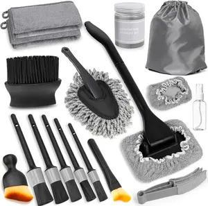 Windshield Cleaner Tool, 18Pcs Car Interior Detailing Brush Set, Inside Windshield Cleaning Kit with 200g Cleaning Gel, Duster Brush, 2 Microfiber Pads, Car Detailing Supplies (Gray)