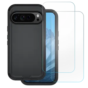 Entronix Bundle for Google Pixel 10/9/7/6 Pro/Pro XL - Heavy Duty Triple-Layer Case & 2 Clear Screen Protectors, Shockproof Smartphone Accessories
