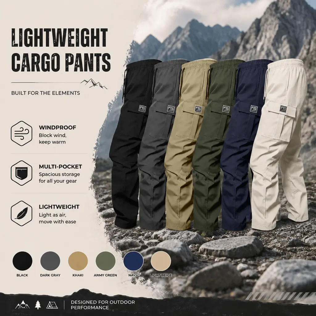 Men’s solid-color straight cargo pants made from durable, wrinkle-resistant polyester fiber, featuring multiple pockets—ideal for casual workwear.