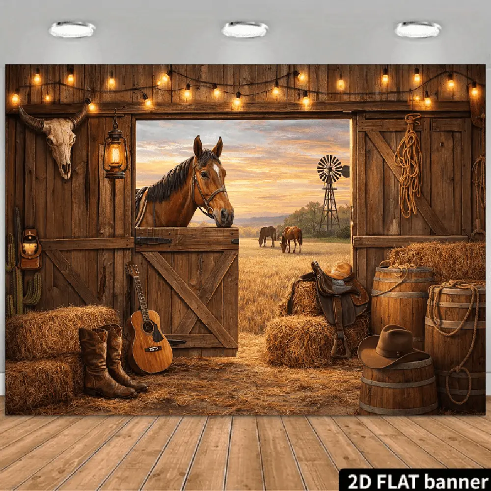 2D Flat Banner Polyester Photography Backdrop, HD Digitally Printed Western Farm Barn with Horses, Hay Bales, Windmill, and Sunset Scene Background Cloth, Soft Lightweight Foldable Machine Washable for Party Events, Product Photog