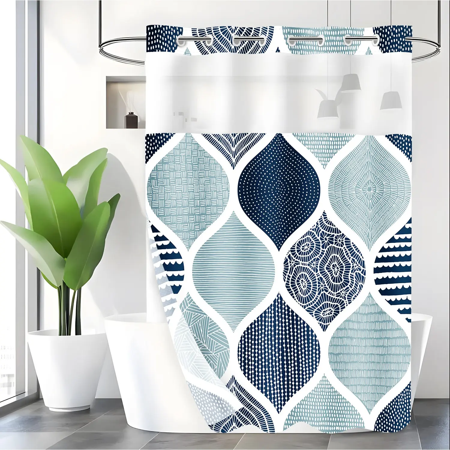 LVRLVR 1pc Modern Minimalist Geometric Ogee Shower Curtain with Sheer Top Window, Detachable Liner & No Hook C-Ring, 70.8" x 74" Shower Curtain No Hooks With Liner