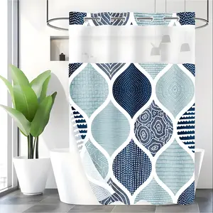 LVRLVR 1pc Modern Minimalist Geometric Ogee Shower Curtain with Sheer Top Window, Detachable Liner & No Hook C-Ring, 70.8" x 74"