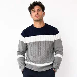 Lumin Rose Men’s Premium Colorblock Cable Knit sweater- Soft Cotton Blend Crewneck Long-Sleeve Classic Winter Pullover (Navy, White, Gray), Casual Warm Smart Casual Day Streetwear Top, Pair with Jeans Mens Clothes Knitwear