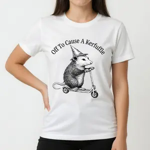 Off To Cause A Kerfuffle T-Shirt - Funny Opossum Riding Scooter Graphic Tee - Humorous Possum Meme Statement Top - Sarcastic Mental Health Awareness Apparel - Witty Animal Lover Gift Shirt - Quirky Chaos Slogan Graphic Tee