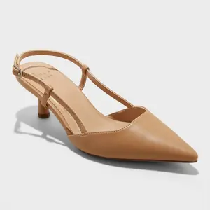 Women's Annette Slingback Kitten Heels with Memory Foam Insole - A New Day Tan 9: Closed Pointed Toe, Non-Marking Outsole
