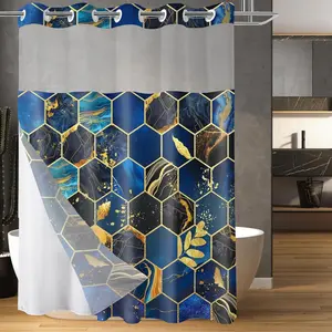 No Hook Shower with Snap in Liner Set, Geometric, Waterproof Hotel Shower Curtains for with See Through Mesh Top Window 71x74 Inch
