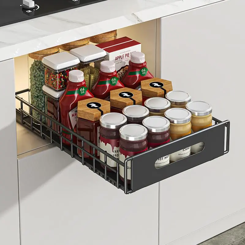 Under Sink Organizer, 1/2 Tier Pull-Out Kitchen Spice Rack Drawer, Multi-purpose Cabinet Organizer for Kitchen Bathroom, Kitchen Storage, Organizing Drawer