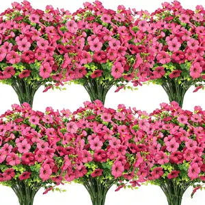 Decor 10 Bundles Artificial Flowers for Outdoors Fake Silk Flowers UV Resistant Faux Plastic Plants for Spring Summer Garden Porch Window Box Table Vase Home Indoor Outdoor Decoration (Rose Red)