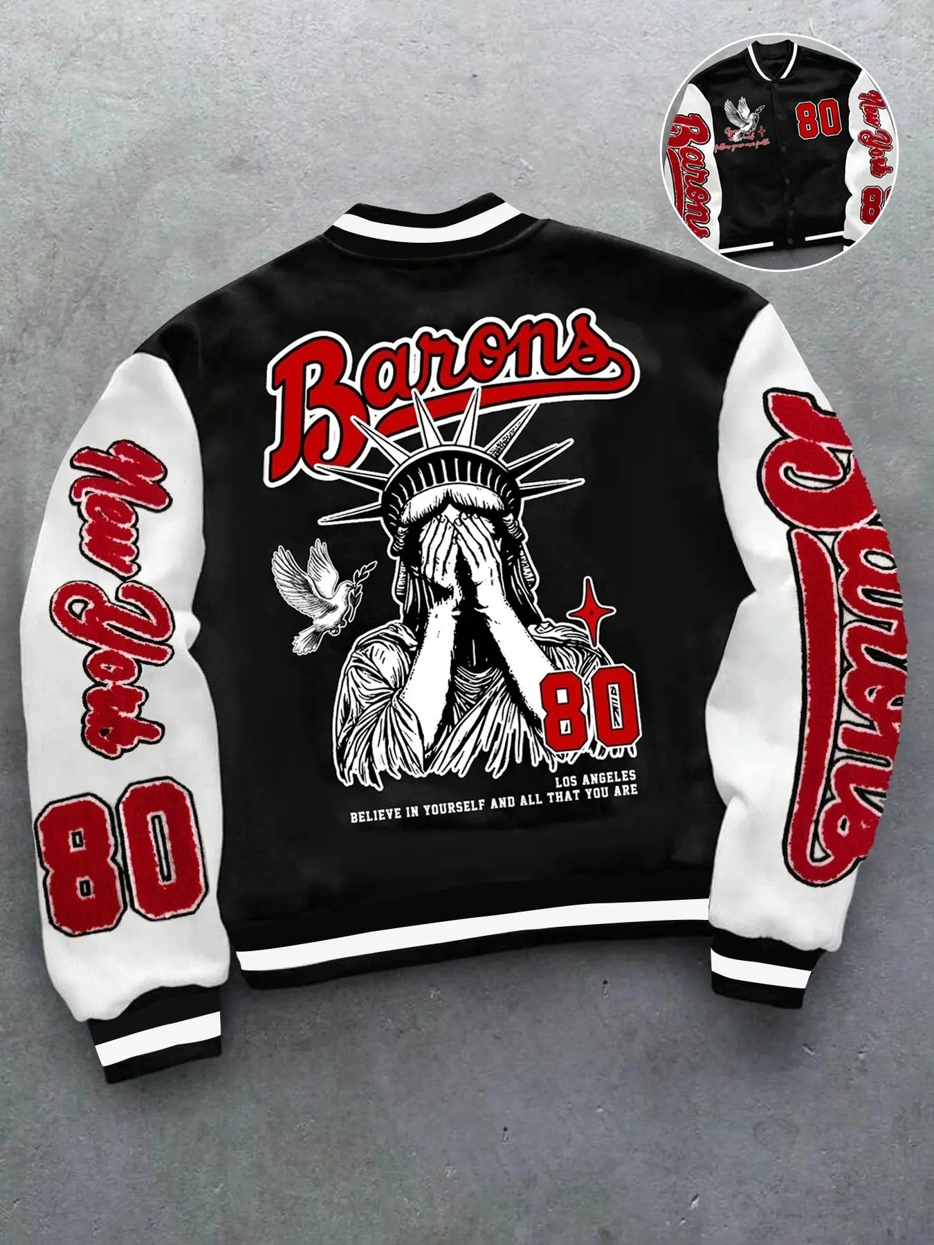 Men's Casual Baseball Jacket, Long Sleeve, Stylish Fashion Letter Print New York Statue of Liberty Design, Loose Fit Comfortable Top for Fall & Winter Streetwear, Casual Jackets