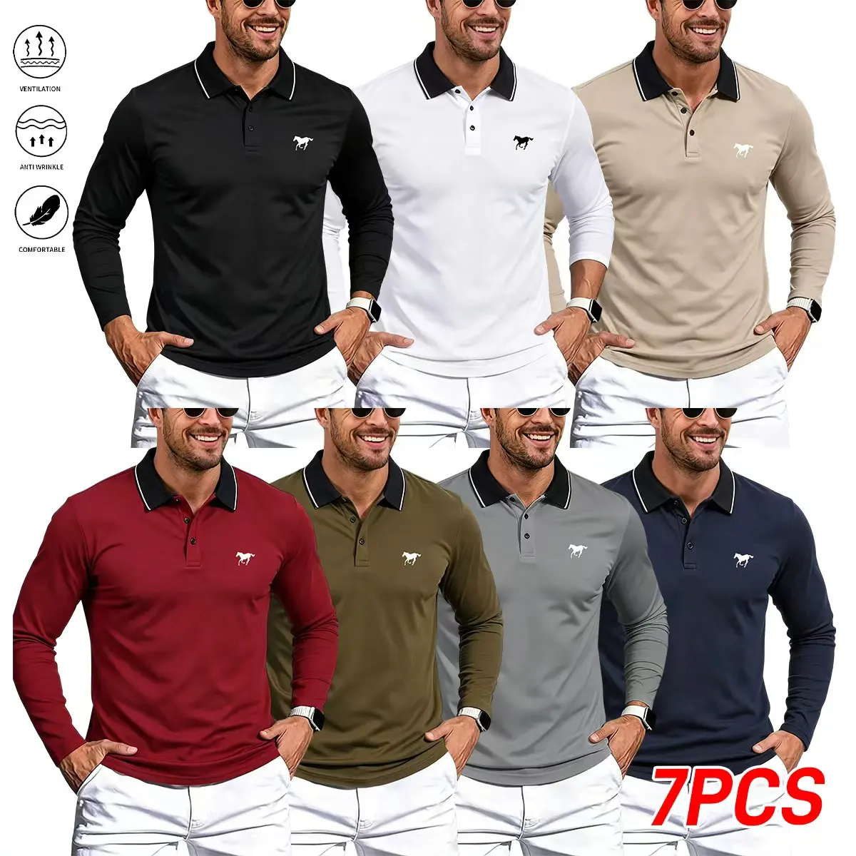 7-pack men’s long-sleeve polo shirts—suitable for badminton, tennis, golf, fishing, camping, everyday outings, and business occasions; men’s tops, casual polo shirts, long-sleeve tops
