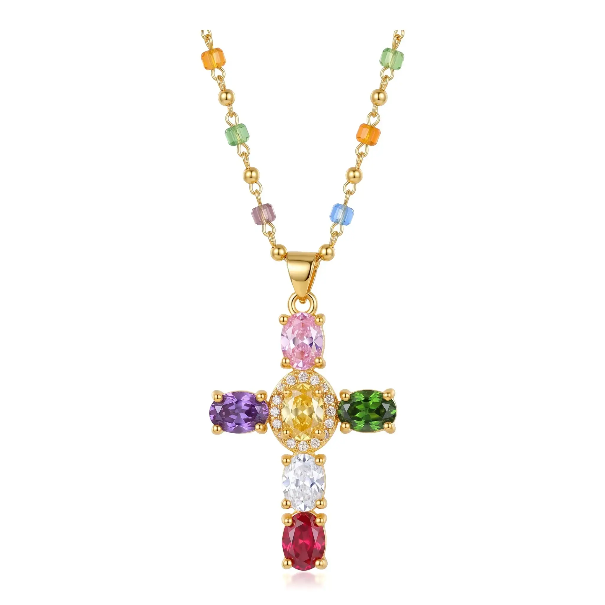 Colorful Cubic Zirconia Cross Pendant Necklace for Women, Rainbow Beaded Chain, Gold-Tone Geometric Christian Necklace, Adjustable Fashion Jewelry for Daily Wear, Layering, Party, Birthday, Anniversary & Gift