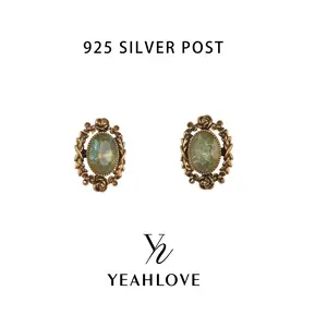 YEAHLOVE Vintage Rose Vine Oval Green Gem Stud Earrings  925 sterling silver posts — hypoallergenic, sensitive ears friendly. Dual-tone nature-inspired design. A statement piece she’ll love.