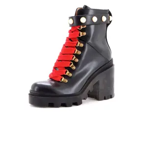 Pre-owned Gucci Women's Heeled Lace Up Combat Ankle Boots Leather with Faux Pearls by Rebag