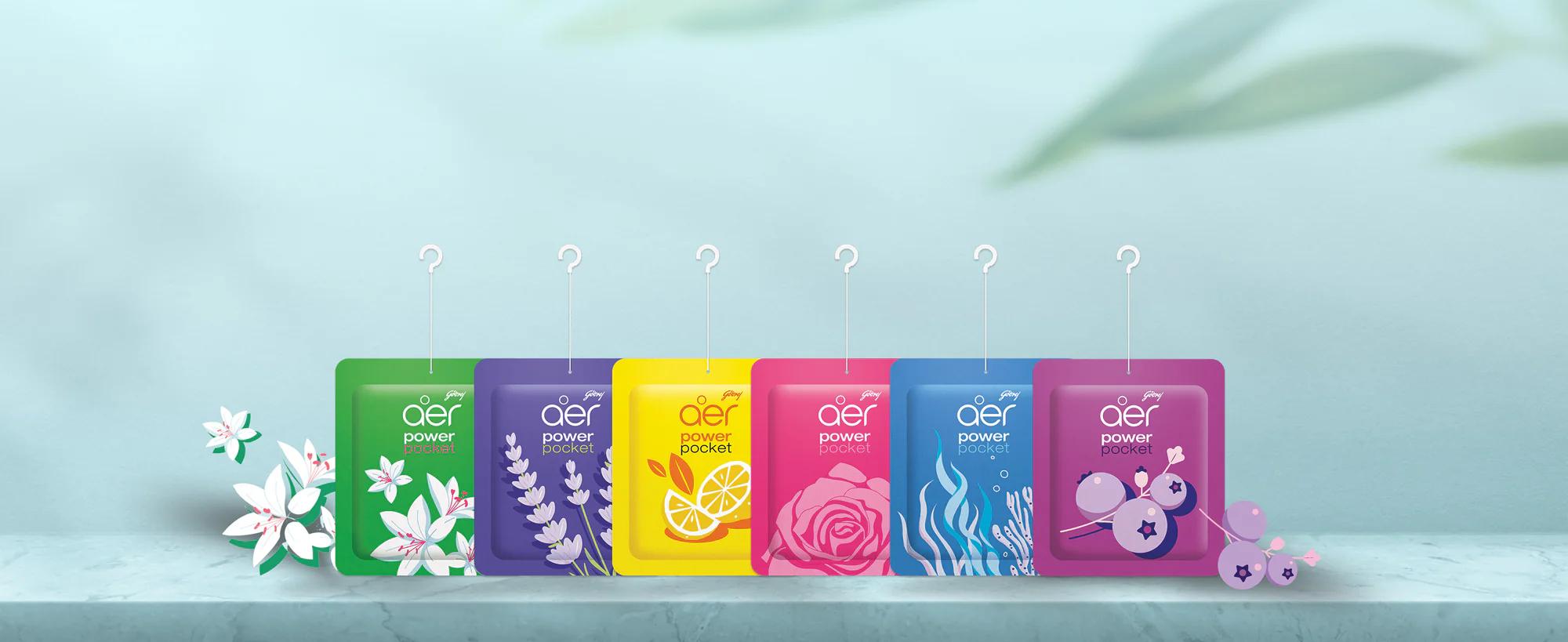 Godrej Aer Power Pocket, Hanging Air Freshener, Assorted Pack of 5, Scented Pack Colorful, [Lemon, Rose, Fresh, Berry, Lavender]
