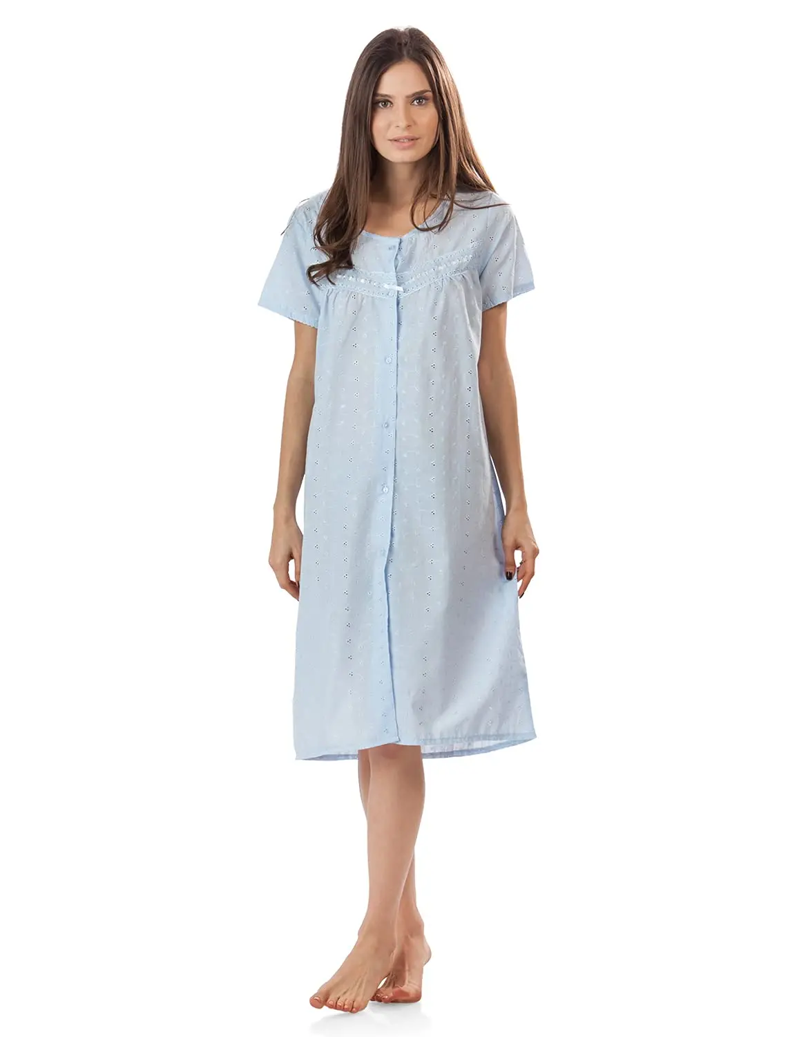 Casual Nights Women's Cotton Nightwear Duster - Feminine Short-Sleeve Button-Down Casual House Dress with Breathable Fabric, Embroidered Eyelet, Ribbon Trim, Shortsleeve