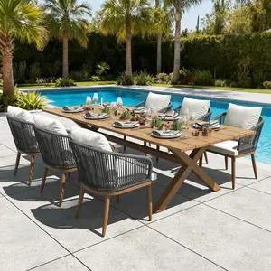 LayinSun Outdoor Patio Dining Set, 98 inchs Aluminium Rectangular Dining Table and Wicker Rattan Chairs Set for Outside Backyard, Poolside