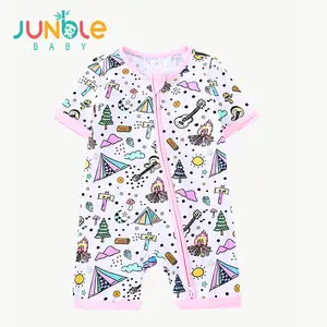 JUNBLEBABY Cotton Fiber Baby Outfit with Pink Campfire Print Soft Fabric Foldable Foot Covers Double Zippers One-Piece Short-Sleeved Baby Romper, Baby Girls Clothing